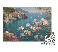 Puzzle Noche de Juego Paisaje Pueblos Costeros 1000 Piezas Adultos Costa Amalfitana Flores Magnolia Mar Pueblo Acantilado Grueso Resistente Vibrante Desafiante Duro Alivio Estrés 52x38cm/1000pzs