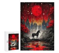 Puzzle para adolescentes, 300 piezas, unicornio bajo una luna roja, rompecabezas para adultos, arte de pared difícil y desafiante, 300 piezas