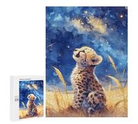 Puzzle para adolescentes 500 piezas Watercolor Cheetah Cub Gazing at Stars Puzzle para adultos - Juego manual - Decoración de pared - Difícil y estimulante 500 piezas