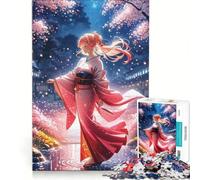 Puzzle para Adolescentes de 1000 Piezas: Chica Anime en Kimono bajo una Flor de Cerezo Nocturna, Juego Imposible, Regalo de cumpleaños, con póster y Hoja de Preguntas a Juego 38x26cm