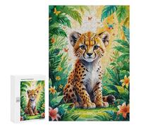 Puzzle Para Adultos 300 PCS Puzzle Cute Cheetah Cub in Jungle Watercolor Puzzle Para Adultos Juego Familiar Regalos Para Mujeres Para Cumpleaños, Navidad 300 PCS