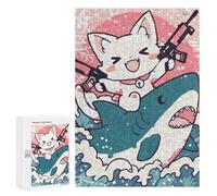 Puzzle para adultos 300 unids Kawaii Cat Riding Shark with Guns Rompecabezas para adolescentes, juego de reflexión, decoración interior, regalo de cumpleaños único 300 unids