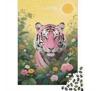 Puzzle Pink Tigre 1000 Piezas para Adultos Juego EduGatoivo De Madera Rompecabezas Tigre Rosa Flores Plantas Verdes Decorativo Regalo para Hombre 1000pcs (75x50cm)