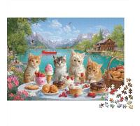 Puzzle Premium De 1000 Piezas Cats para Adultos, Una Escena de Picnic Encantadora con Gatos Curiosos Junto al Lago Ocio En Casa, Regalo, 70x50cm/1000pcs