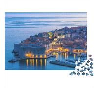 Puzzle Pueblo Costero al Atardecer 1000 Piezas Hombres Mujeres Adultos Ciudad Vieja Dubrovnik Mar Adriático Atardecer Grueso Resistente Vibrante Desafiante Duro Alivio Estrés Regalo 52x38cm/1000pzs