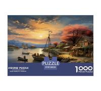 Puzzle Pueblo Junto al río 1000 Piezas para Adultos, Rompecabezas Atardecer Rural Adultos, Juego De Rompecabezas Decoración para El Hogar 38x26cm/1000pcs