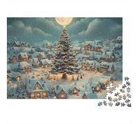 Puzzle Pueblo nevado con árbol de Navidad bajo Luna Llena Rompecabezas 1000 Piezas - Adultos, Regalo, Juego Familiar, Decoración del Hogar 52x38cm/1000pcs