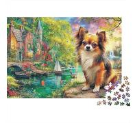 Puzzle Regalo Cumpleaños Moonlit Dog Garden 1000 Piezas Adultos Chihuahua Aldea Río Flores Atardecer Premium Grueso Resistente Vibrante Desafiante Alivio Estrés 70x50cm/1000pzs