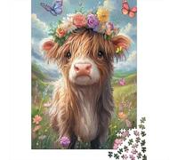 Puzzle Vaca de Las Tierras Altas 1000 Piezas para Adultos Juego EduGatoivo De Madera Rompecabezas Vaca de Las Tierras Altas Corona de Flores Decorativo Regalo para Hombre 1000pcs (75x50cm)