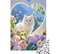Puzzle White Gato 1000 Piezas para Adultos Juego Desafiante De Madera Rompecabezas Gato Blanco Flor Forma de Corazón Decorativo Regalo Ideal 1000pcs (75x50cm)