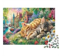 Puzzles Adultos 1000 Piezas Perro Girasol: Gata Atigrada Durmiendo sobre Hojas para Adultos Juegos Puzzle Desafiantes y Cerebrales 38x26cm/1000 Piezas