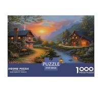 Puzzles Atardecer montañoso de Pueblo idílico 1000 Piezas De para Adultos, Rompecabezas Paisaje de cabaña Junto al río Adultos, Juego Didáctico Decoración para El Hogar 38x26cm/1000pcs