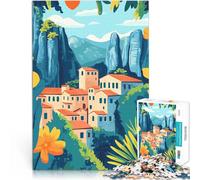 Puzzles de 1000 Piezas para Adolescentes Arte Minimalista de un Pueblo de Meteora, Grecia Juegos Divertidos Obra de Arte 52x38cm
