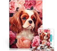 Puzzles de 1000 Piezas para Adolescentes Cavalier King Charles Spaniel en Rosas Difícil y desafío Regalo de Obra de Arte 52x38cm