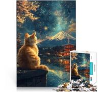 Puzzles de 1000 Piezas para Adolescentes Gato Mirando el Monte Fuji y la Pagoda, Japón, Van Gogh Juego práctico Obra de Arte 75x50cm