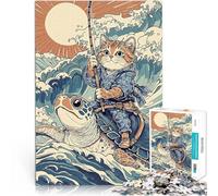 Puzzles de 1000 Piezas para Adolescentes Gato Montando Tortuga sobre Las Olas Juguetes educativos Decoración 52x38cm