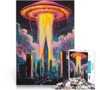 Puzzles de 1000 Piezas para Adolescentes OVNI sobre el Paisaje Urbano Juguetes de Bricolaje con póster a Juego y Hoja de Trivia 75x50cm