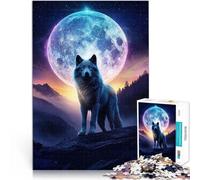 Puzzles de 1000 Piezas para Adolescentes Rey Lobo bajo la Luna Juegos Divertidos para la Familia con póster a Juego y Hoja de Trivia 75x50cm