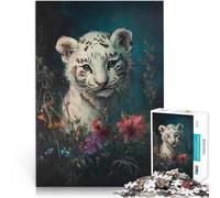 Puzzles de 2000 Piezas para Adolescentes Cachorro de Tigre Blanco Entre Flores para divertirse en Familia Apto para Parejas 70x100cm