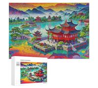 Puzzles de 300 Piezas Puesta de Sol en la montaña Puzzles para Adultos pabellón Junto al Lago Formas Irregulares Puzzle Adultos de Madera,Juguetes educativos para niño niña