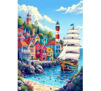Puzzles for Adults,Jigsaw Puzzles for Adults 1500 Pieces Puzzle Home Challenging Educational Games DIY Home Decoration Puzzle Gifts,Tema:Pueblo de veleros Junto al mar
