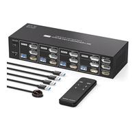 PVBCTCSID HDMI Displayport KVM Switch 4 PC 3 Monitores 4K144Hz 8K60Hz KVM Switch Para 4 PCs Comparte 3 Pantallas Y 1 Juego De Teclado Y Ratón Soporte De Modo Extendida Mando A Distancia IR Incluido