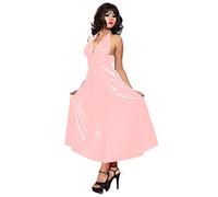 PVC Leather Maxi Dress For Women Halter V-Neck Open Back Sleevelesss Dresses,Lotus Root Pink,S