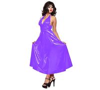 PVC Leather Maxi Dress For Women Halter V-Neck Open Back Sleevelesss Dresses,purple,4XL