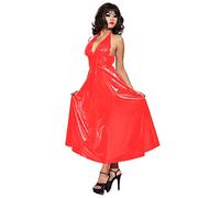 PVC Leather Maxi Dress For Women Halter V-Neck Open Back Sleevelesss Dresses,Red,L