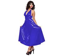 PVC Leather Maxi Dress For Women Halter V-Neck Open Back Sleevelesss Dresses,Royal Blue,M