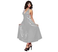 PVC Leather Maxi Dress For Women Halter V-Neck Open Back Sleevelesss Dresses,Silver,4XL
