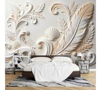 PVC Mural Pared 3D Relieve Plumas Conchas Marinas Autoadhesivo 280 x 400 cm Efecto en Relieve Removible Impermeable Ideal para Sala Estar Dormitorio.
