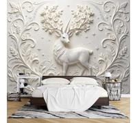 PVC Papel Pintado 3D con Relieve Ciervo Autoadhesivo 100 x 150 cm Mural Floral Brillante con Efecto Relieve Papel Pintado Removible e Impermeable para Decoración Paredes Sala Estar Dormitorio.
