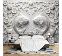 PVC Papel Pintado 3D con Relieve Floral y Diseño Peces Koi Gemelos Autoadhesivo 280 x 400 cm Fotomurales Efecto Relieve Removible e Impermeable Mural Pared para Sala Estar y Dormitorio.