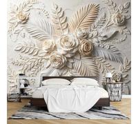 PVC Papel Pintado 3D en Relieve Diseño Hojas Palma Rosas en Flor Autoadhesivo 160 x 250 cm Mural Pared Efecto Relieve Removible e Impermeable Decoración Pared para Sala Estar Dormitorio.