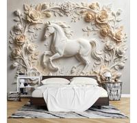 PVC Papel Pintado Autoadhesivo 3D con Relieve Caballos y Diseño Floral, Mural Pared 280 x 400 cm, Lujoso, con Efecto Relieve, Removible e Impermeable, Ideal para Decorar Paredes Salas Estar y Dormi