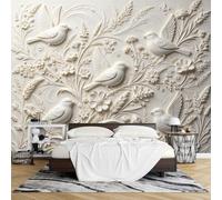 PVC Papel Pintado Autoadhesivo con Relieve 3D 280 x 400 cm Fotomurales con Diseño Pájaros y Flores Silvestres Removible e Impermeable Ideal para Decorar Paredes Salas Estar y Dormitorios.
