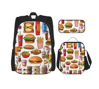 pvinnk Fast Food - Mochila con estampado de comida rápida, cómoda y ajustable, estilo casual, bolsa de almuerzo, estuche para lápices, color negro, talla única, NEGRO, talla única