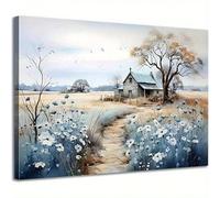 PVPQPR Lienzo rústico para pared,escena campestre con flores silvestres,granero y árboles sin hojas,decoración de pared azul,estilo granja moderno (60 x 80 cm,sin marco)