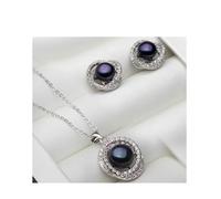 PVUVTNAHW Conjunto de collar y pendientes de perlas naturales blancas y negras, joyería de plata de ley 925 for mujer, boda(Nero)