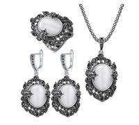PVUVTNAHW Conjunto de joyas de ópalo for mujer, collar con colgante vintage, pendientes y anillo con flor de diamantes de imitación negros.(7)