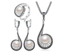 PVUVTNAHW Conjunto de joyas de perlas for mujer, pendientes colgantes de perlas blancas, collar largo con colgante, conjunto de anillo de lujo(9)