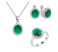 PVUVTNAHW Conjunto de joyas de plata de ley 925 con esmeralda ovalada, pendientes y collar de circonita 5A, joyería fina for mujer.(Emerald,9)