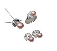 PVUVTNAHW Conjunto de joyería de plata de ley 925 con anillo, collar y pendientes de perlas naturales de agua dulce for mujer.(Purple)