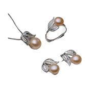 PVUVTNAHW Conjunto de joyería de plata de ley 925 con anillo, collar y pendientes de perlas naturales de agua dulce for mujer.(Pink)