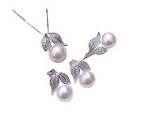 PVUVTNAHW Conjunto de joyería de plata de ley 925 con anillo, collar y pendientes de perlas naturales de agua dulce for mujer.(White)