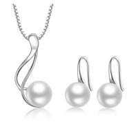 PVUVTNAHW Conjunto de joyería de plata de ley 925 con perlas de agua dulce AAAA, collar y pendientes con colgante de perla de 8-9 mm.(WHITE)
