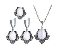 PVUVTNAHW Conjunto de joyería vintage retro chic for mujer, pendientes de ópalo blanco, collar con colgante de circonita negra y anillo.(9)