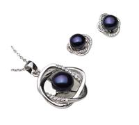 PVUVTNAHW Conjuntos de collar y pendientes de plata de ley 925 con colgante clásico de perlas naturales for boda for mujer(Nero)