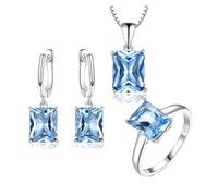 PVUVTNAHW Conjuntos de joyas con piedras preciosas de topacio azul cielo for mujer, anillos, collar, colgante y pendientes de clip en plata de ley 925.(6)